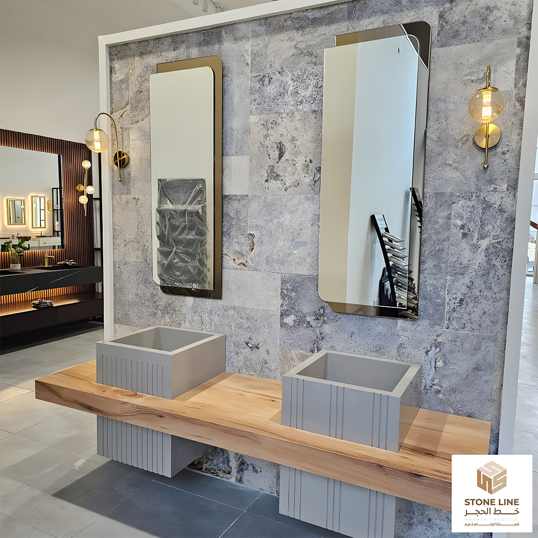 مغسلة رخام مع تصميم خشبي